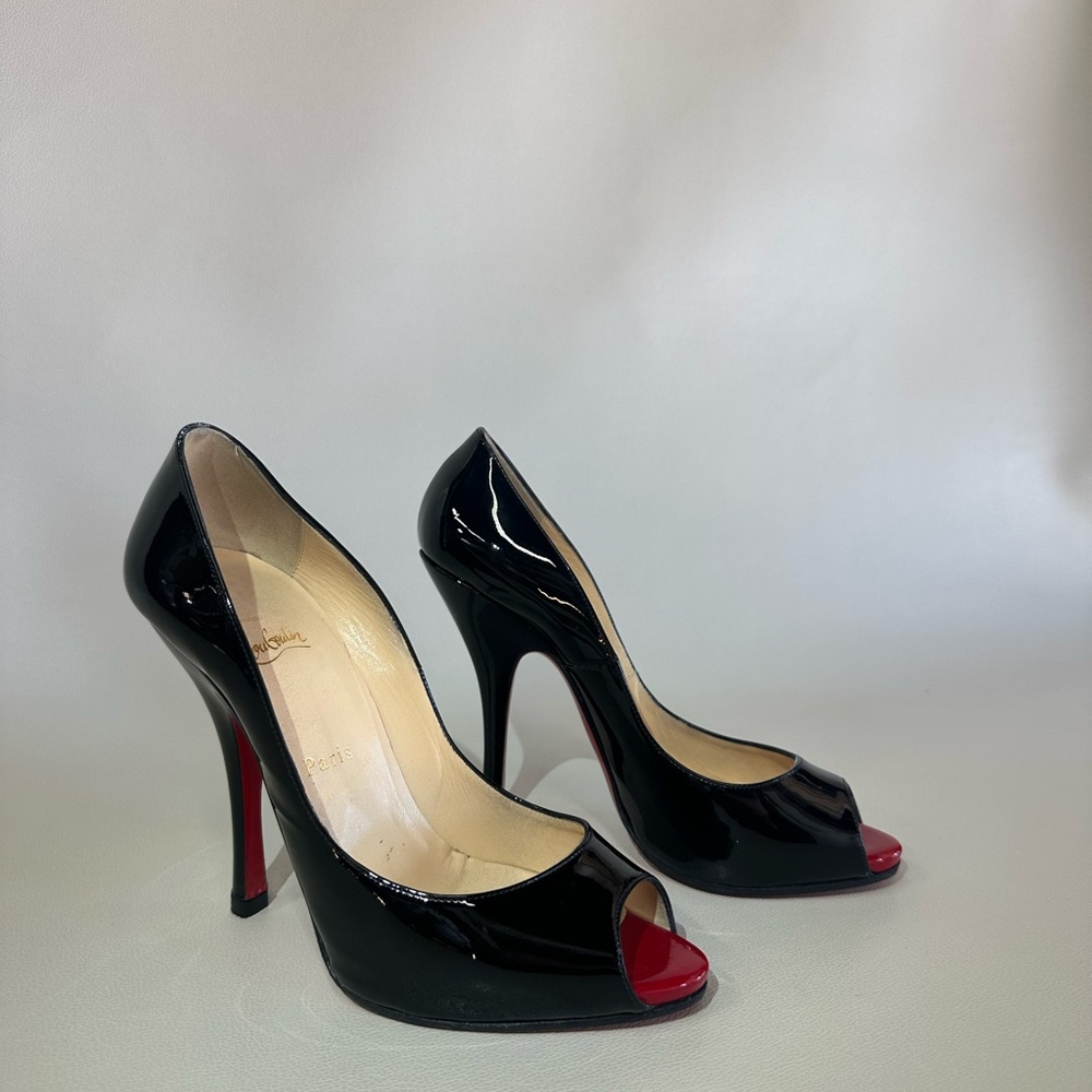 Christian Louboutin Black Patent Leather Maryl 120 Peep Toe Pumps